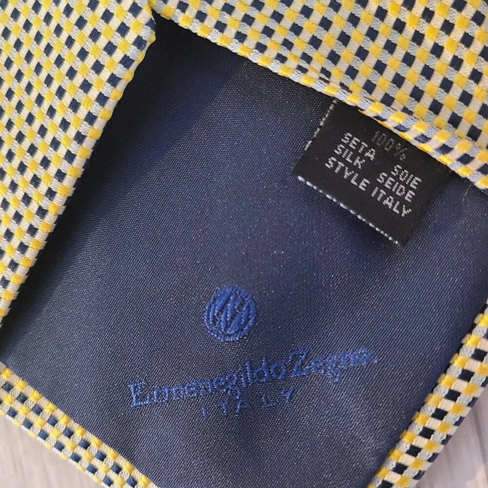 Ermenegildo Zegna Silk Necktie Yellow Navy Blue Tile Print Italy